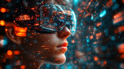 A futuristic woman wearing a VR headset reflects the digital city lights in her lenses.