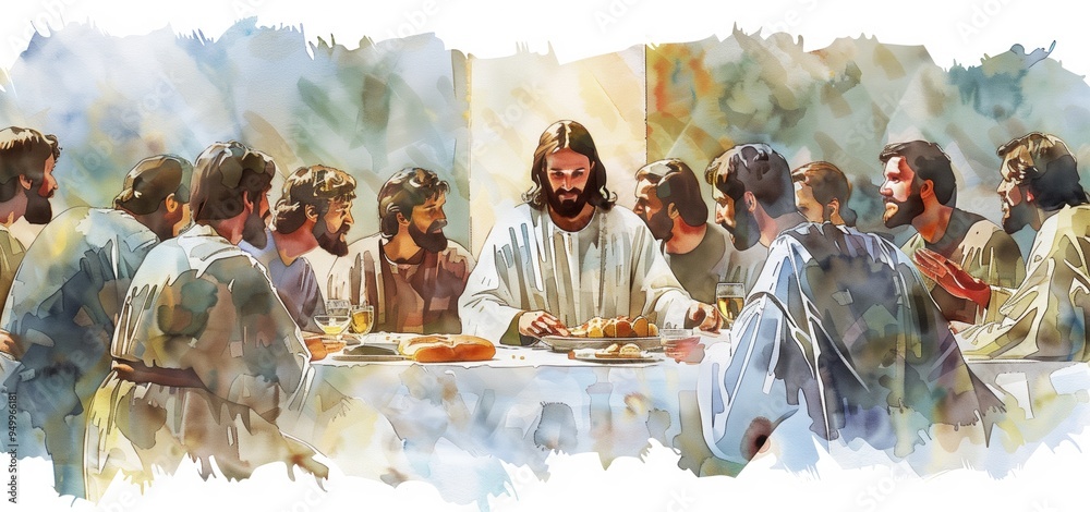 Artistic illustration of Jesus and the twelve apostles during the Last ...