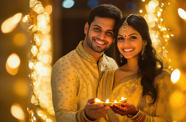 Sticker - A happy Indian couple holding diya lights in their hands, smiling at the camera, surrounded by glowing fairy light decorations