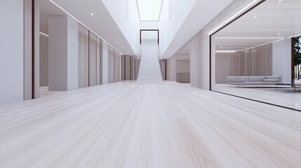 A bright and airy white staircase with wooden flooring ascends to a spacious attic room, showcasing modern Dutch apartment design with ample natural light