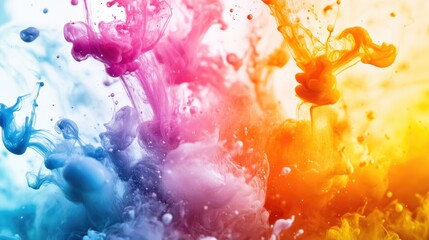 A close-up of ink splashes merging in water, forming an abstract, colorful pattern.