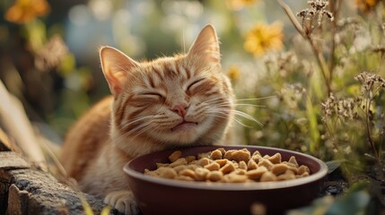 A close-up of a rotund cat enjoying its meal, with a bowl full of tasty food and a focus on its happy, chubby face, set against a soft, natural backdrop.