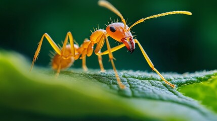 Poster - A close-up of a single ant crawling across a leaf, showcasing its detailed body and legs against a clean background.