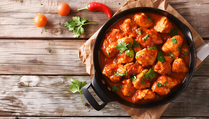 Wall Mural - Frying pan with delicious chicken tikka masala on napkin