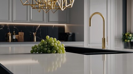 A modern kitchen showcases a sleek black sink paired with a golden faucet, complemented by fresh green grapes on the table and soft lighting, highlighting clean lines and elegance.