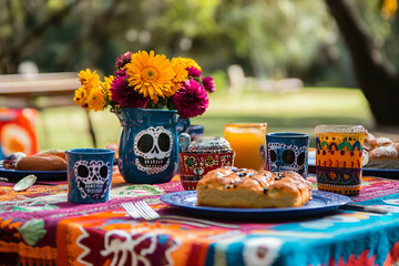 Canvas Print - Day of the Dead Picnic with Traditional Mexican Foods and Decorations  