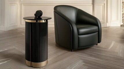 A sleek black side table with a round glass top and golden legs complements an emerald green armchair against a beige wall in a modern, minimalistic living area.