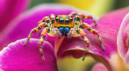 A close-up of an exotic jumping spider, its legs and exoskeleton adorned with intricate patterns in shades of reds, yellows, and greens