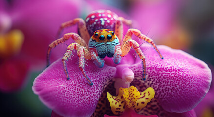 A close-up of an exotic jumping spider, its legs and exoskeleton adorned with intricate patterns in shades of reds, yellows, and greens