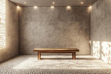 A photorealistic render of a minimalist room with concrete walls and a wooden bench