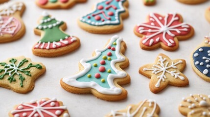 Leinwandbilder - A close-up of decorated cookies with festive designs, such as holiday themes or intricate icing patterns, arranged on a clean, white surface for a vibrant display.
