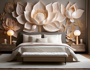 Wall Mural - A bedroom has a stucco sculpture of lotus flowers on the wall.