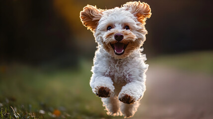 Wall Mural - Joyful White Poodle Puppy Playing Outdoors in Sunlit Grass Field