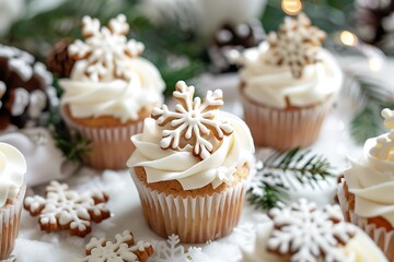 Wall Mural - A photograph of Snowflake Cupcakes, white cupcakes with beige frosting and a snowdrop sugar decoration