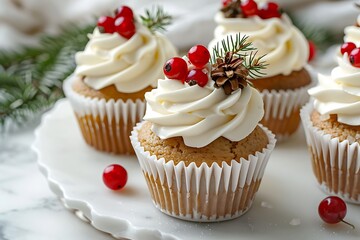 Wall Mural - A photograph of Snowflake Cupcakes, white cupcakes with beige frosting and a snowdrop sugar decoration