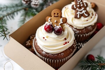 Wall Mural - A photograph of Snowflake Cupcakes, white cupcakes with beige frosting and a snowdrop sugar decoration