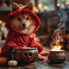 Canvas Print - Cute Dog in a Red Hoodie by a Candle