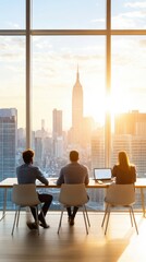 Wall Mural - A business meeting in a modern office, with a diverse team of professionals reviewing documents and discussing project details, large windows offering a view of the cityscape