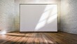 © luis - A mockup presentation with an empty billboard in a sunny room with white brick walls and a wooden floor.