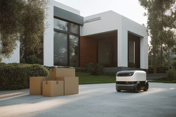 Autonomous delivery robot is bringing packages to a modern house