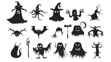 Collection of Halloween silhouettes icon and character elements for Halloween decorations, silhouettes, sketch, icon, sticker. Hand drawn vector illustration. on white background