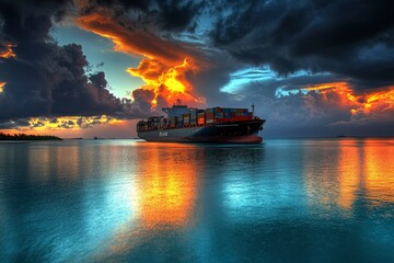 Sticker - Cargo Ship at Sunset with Dramatic Clouds and Water Reflections