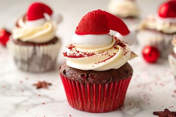 Two cupcakes with holly and red berries, candy cane decorations on top of the frosting