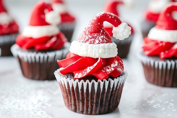 Wall Mural - Two cupcakes with holly and red berries, candy cane decorations on top of the frosting