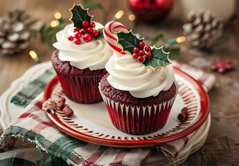 Wall Mural - Two cupcakes with holly and red berries, candy cane decorations on top of the frosting