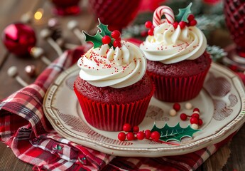 Wall Mural - Two cupcakes with holly and red berries, candy cane decorations on top of the frosting