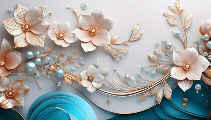 An elegant 3D mural in white and blue, fine rose gold jewelry with flowers