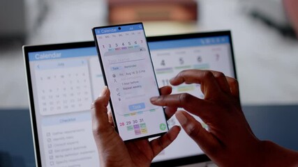 Poster - African Woman Organizing Appointment Schedule Using Cellphone And Calendar
