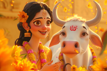 Indian girl with a sacred cow adorned with flowers in a joyful, vibrant setting