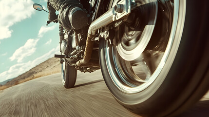 A low-angle shot of a motorbike’s undercarriage, captured as it drives over the camera, with the engine and suspension taking up most of the frame.


