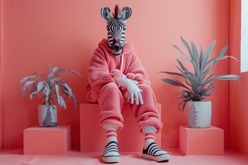 Poster - Person in Zebra Mask Wearing Pink Onesie