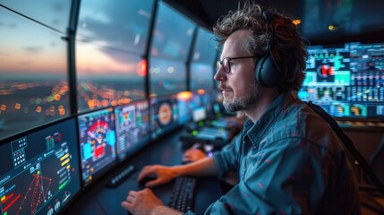 An airport control tower with air traffic controllers monitoring safety protocols on large screens 