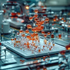 Wall Mural - An illustration of a molecular structure model on a laboratory table, surrounded by various lab equipment like pipettes, Petri dishes, and Bunsen burners, depicting an active research environment