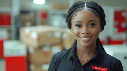 A smiling woman in a black uniform stands in a warehouse filled with boxes. The background features red and white packaging, creating a vibrant and professional atmosphere.