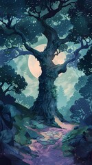 Wall Mural - Big tree in the forest landscape illustration poster background