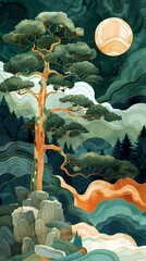 Wall Mural - Big tree in the forest landscape illustration poster background