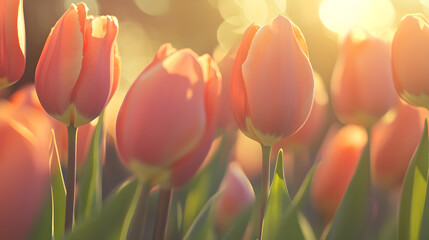 A close-up of tulips blooming in spring, bathed in warm sunlight, showcasing their soft petals and vibrant colors in a serene atmosphere