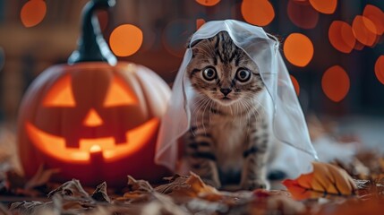 Wall Mural - Adorable Kitten in a Ghost Costume for Halloween