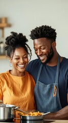 A couple cooking together using a finish-at-home meal kit, sharing a joyful moment as they prepare dinner