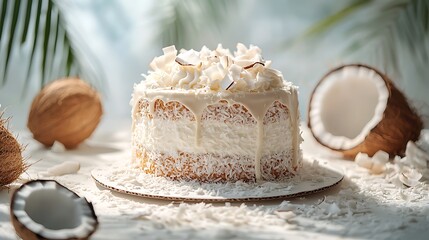 Delicious coconut cake decorated with white chocolate and coconut flakes standing on table