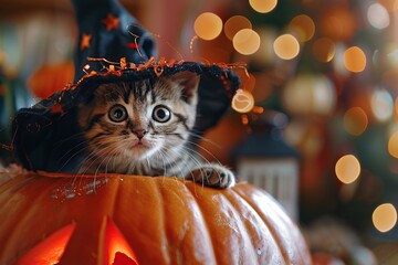 Canvas Print - Cute Kitten in a Witch Hat Inside a Jack-O-Lantern