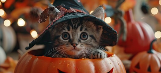 Wall Mural - Cute Kitten in a Witch Hat Inside a Pumpkin for Halloween