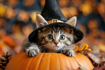 Sticker - Cute Kitten in a Witch Hat