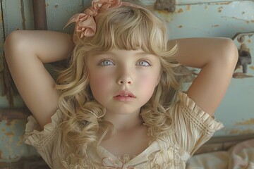 A close-up portrait of a young girl with long, blonde hair, wearing a floral dress.