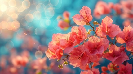 Wall Mural - A close-up shot of delicate pink bougainvillea blossoms, bathed in soft, golden light.