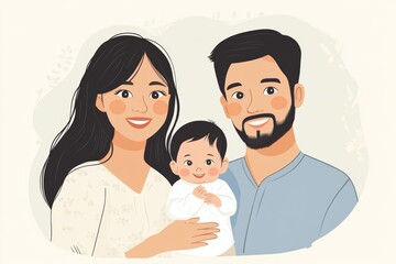 Parents with newborn baby, toddler boy and girl  illustration isolated. Happy asian family portrait. Mother, father, daughter, son, Generative AI